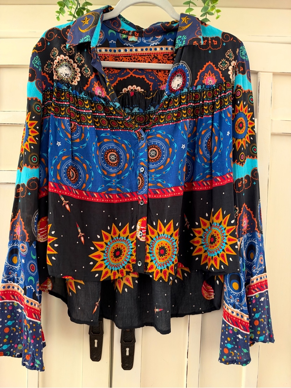 FARM RIO Bohemian Printed Button-Front Women’s Top - Blue & Black Med nwot